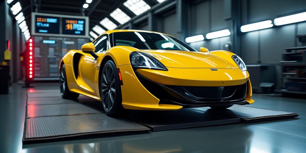 Automobile sportiva di colore giallo sul banco prova a rulli durante un test di potenza e diagnostica